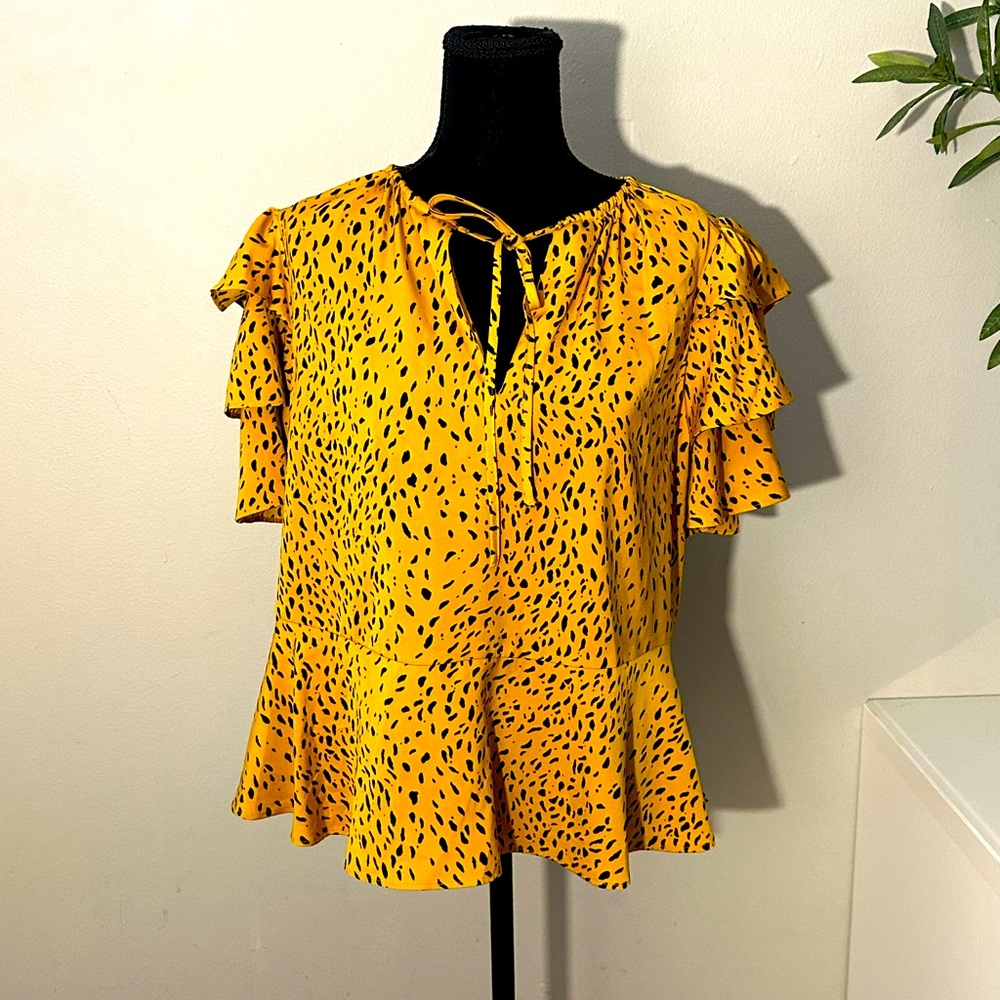 Who What Where, XL peplum mustard and black animal print top.